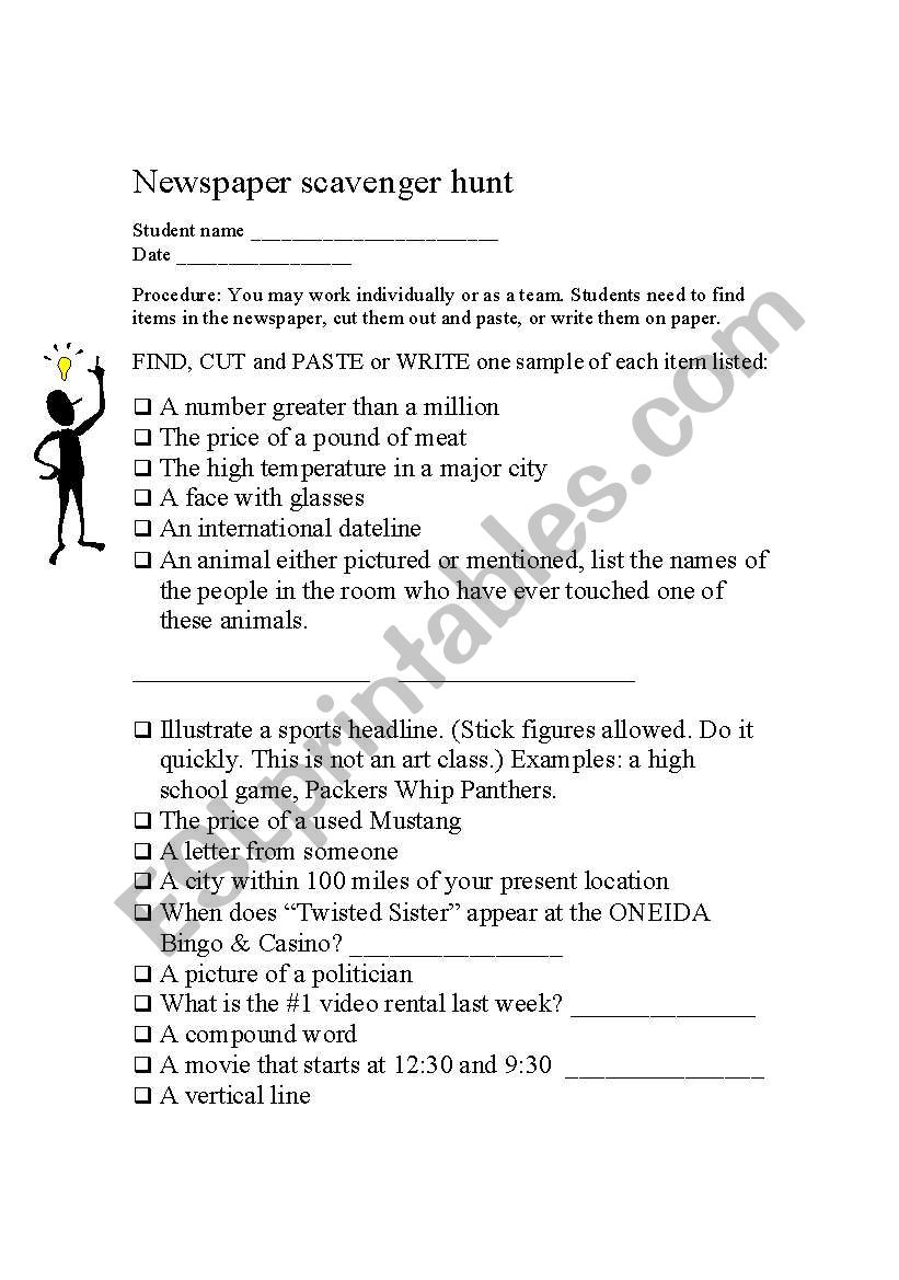 Newspaper scavenger hunt worksheet