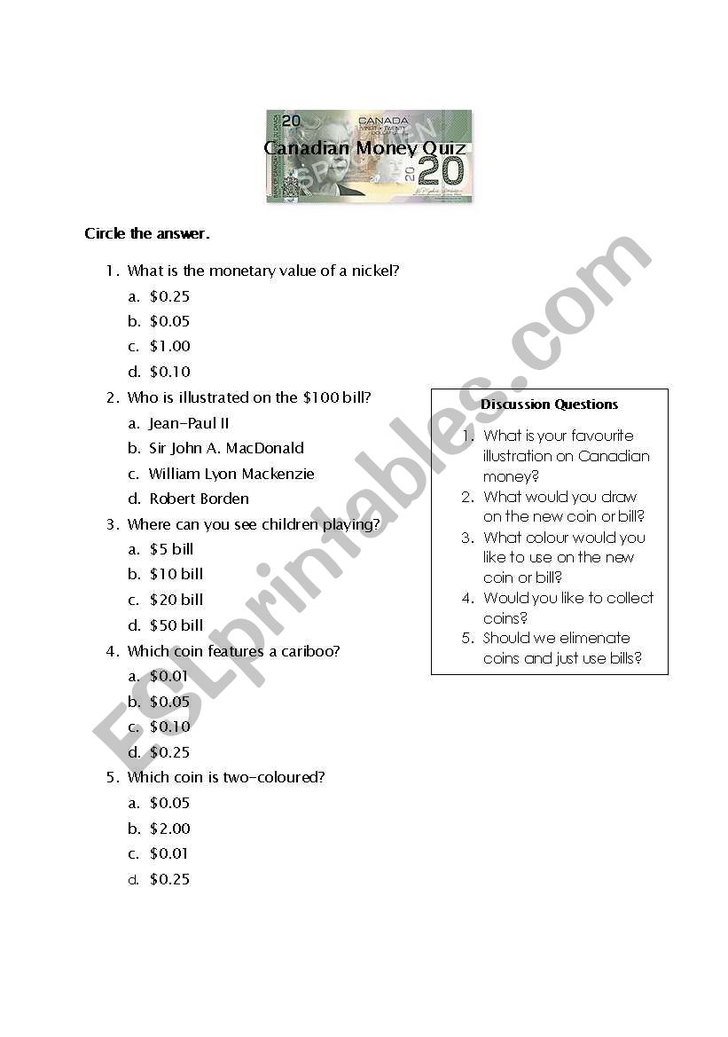 english worksheets canadian money quiz