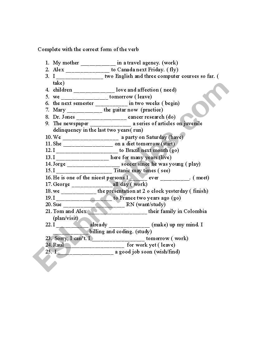 English Worksheets Complete The Sentences With The Correct Form Of The 