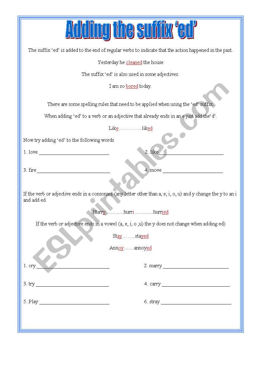 English worksheets: Adding the ed suffix