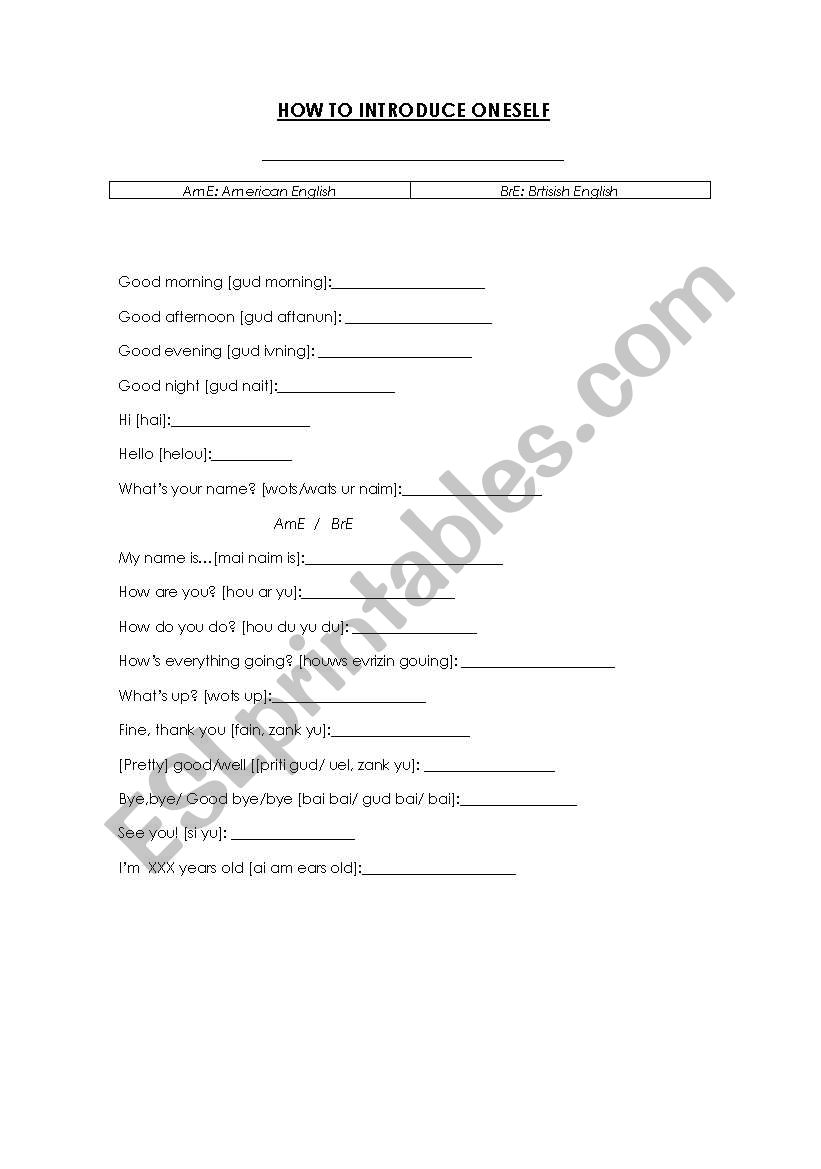 How to introduce oneself worksheet