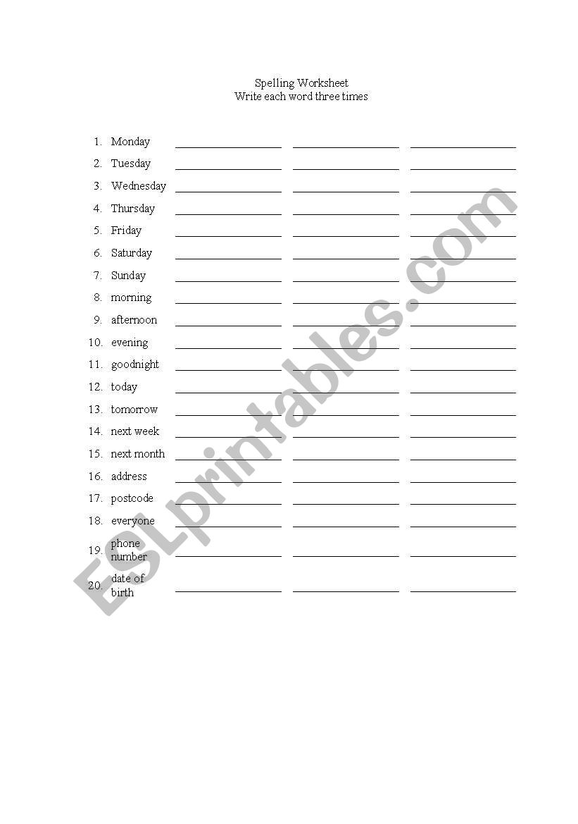 Spelling Repetition Excercise worksheet