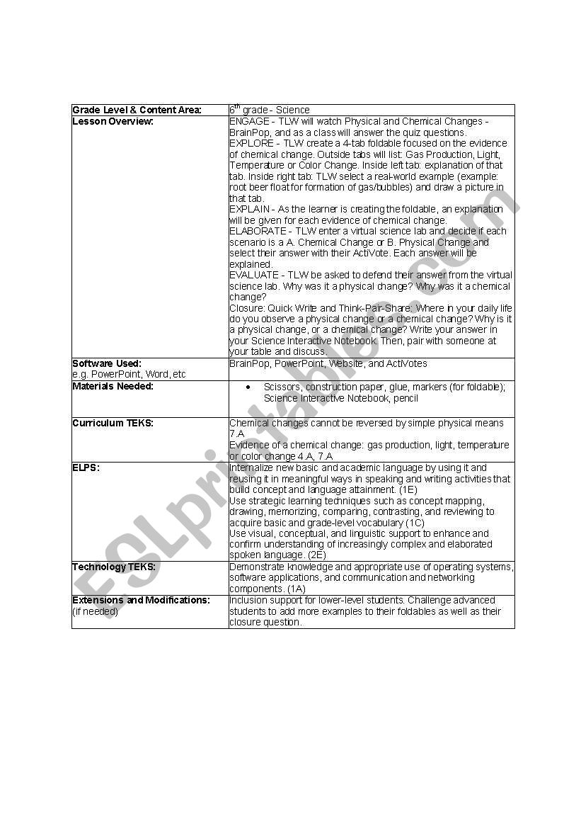 Physical and Chemical Changes worksheet