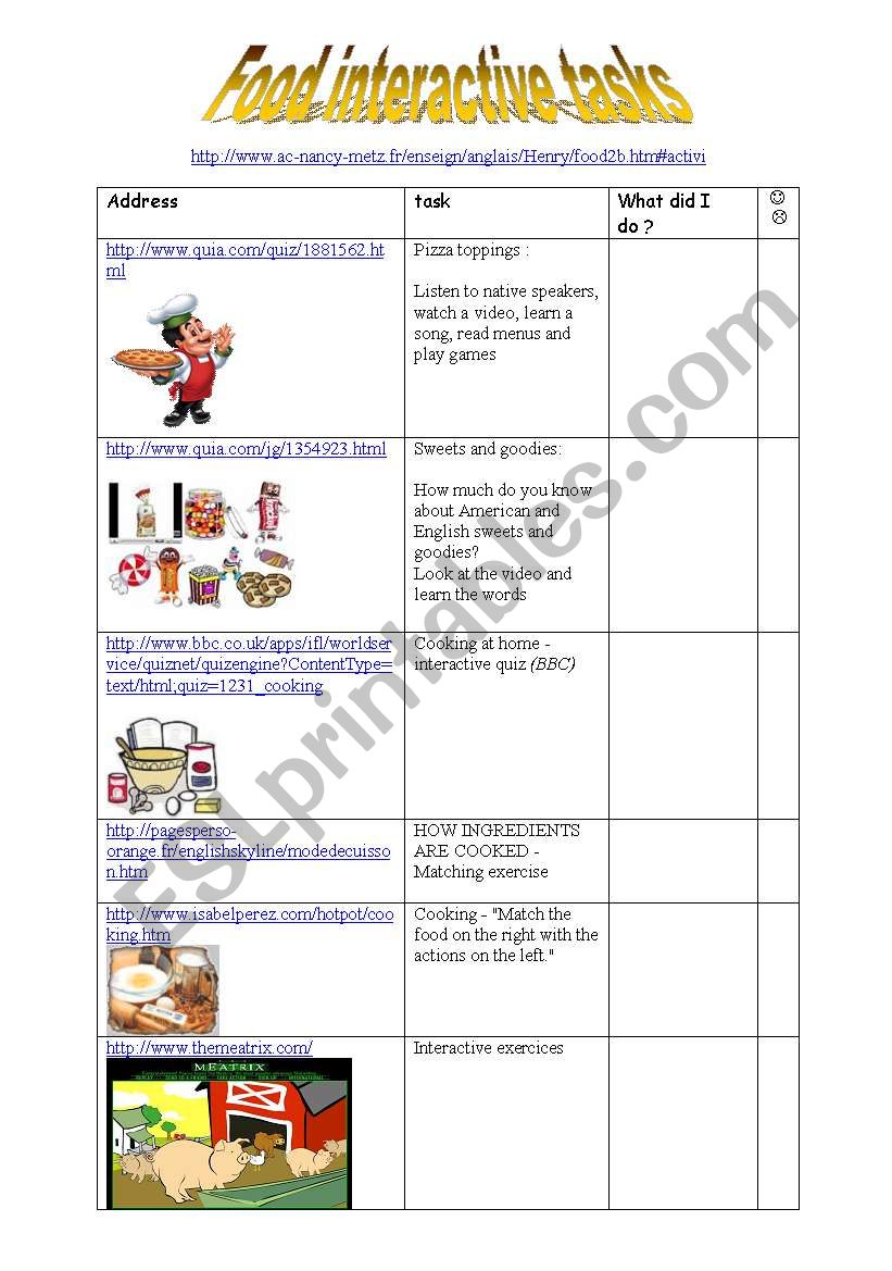 food: interactives tasks worksheet