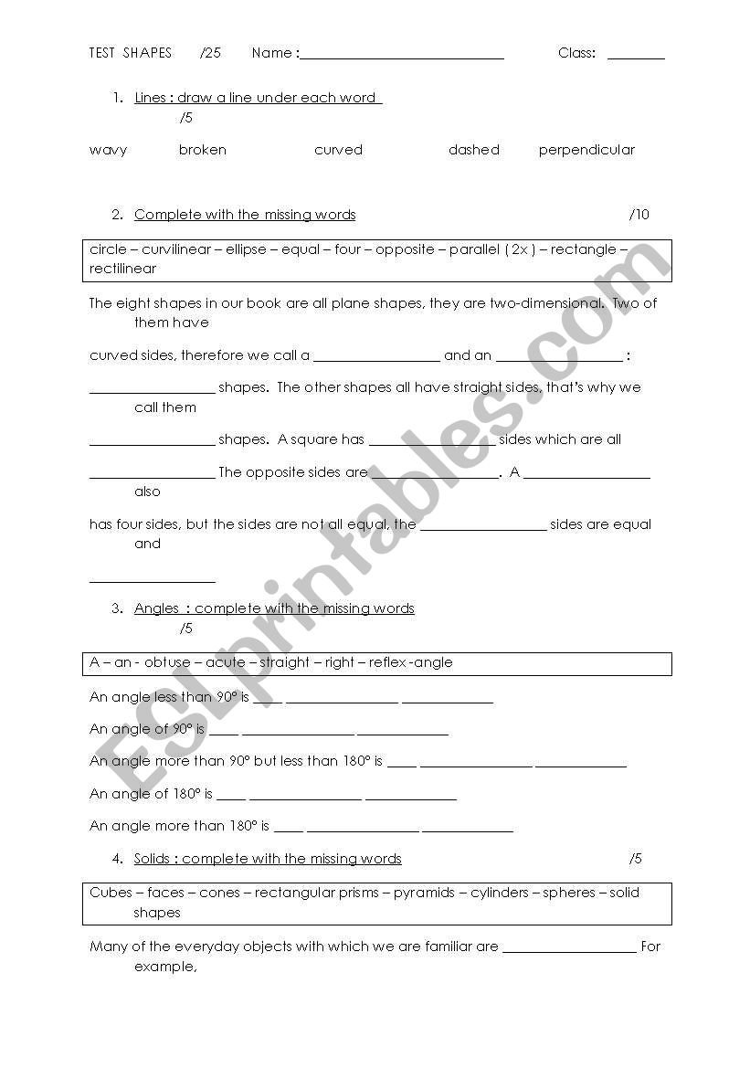 Test about shapes and lines worksheet