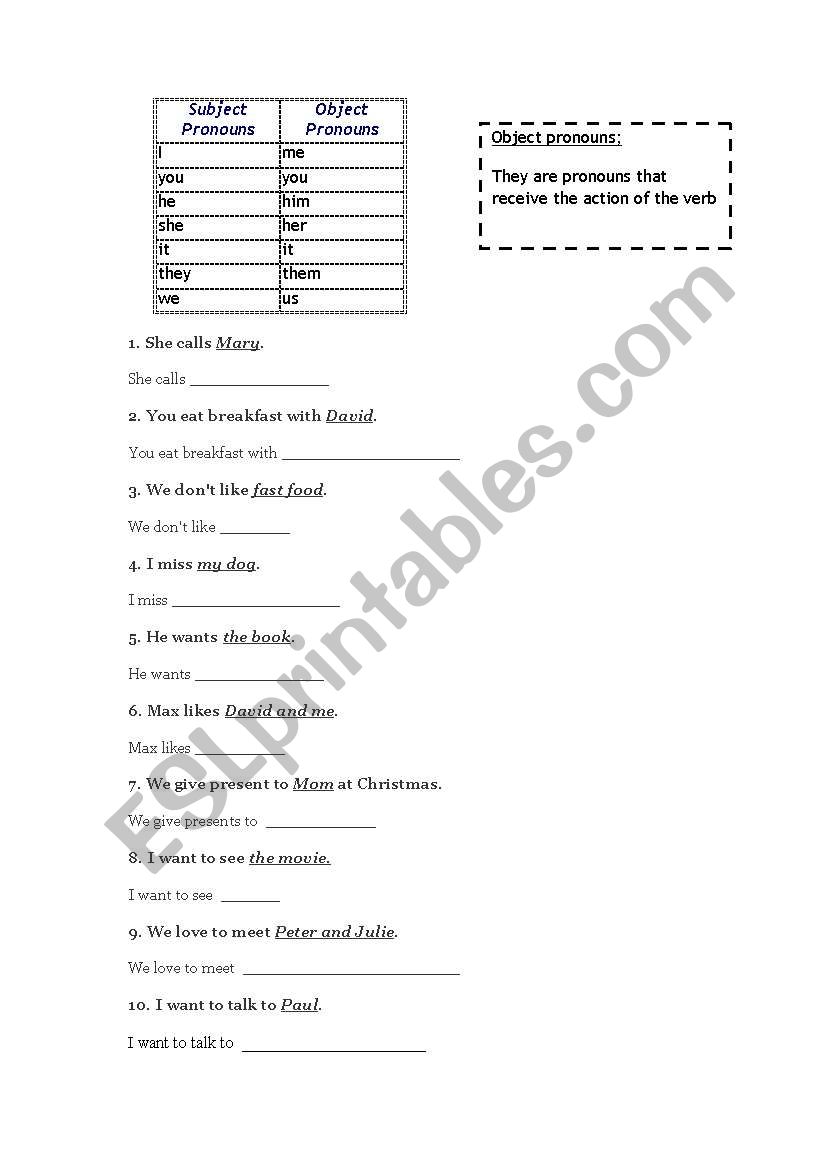 object pronouns worksheet