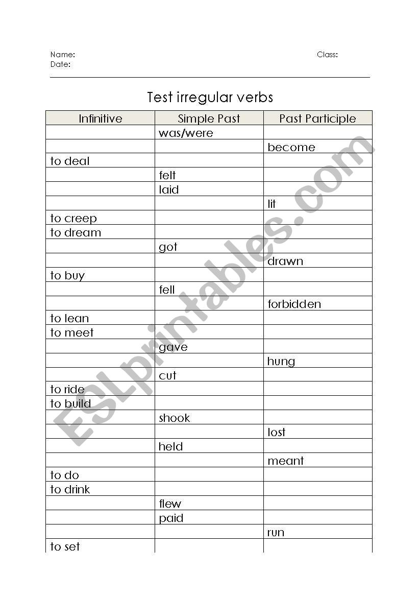 Test irregular verbs worksheet
