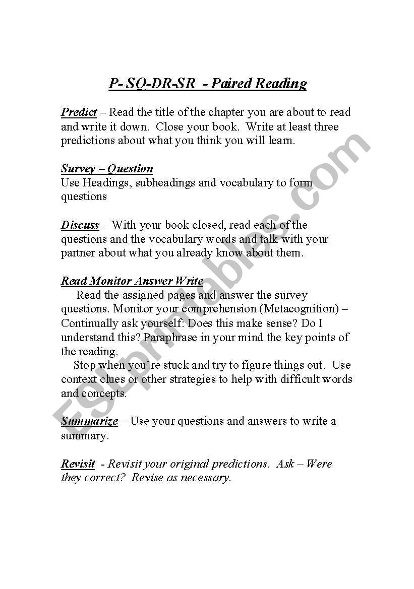 Text Book Reading Strategy  worksheet