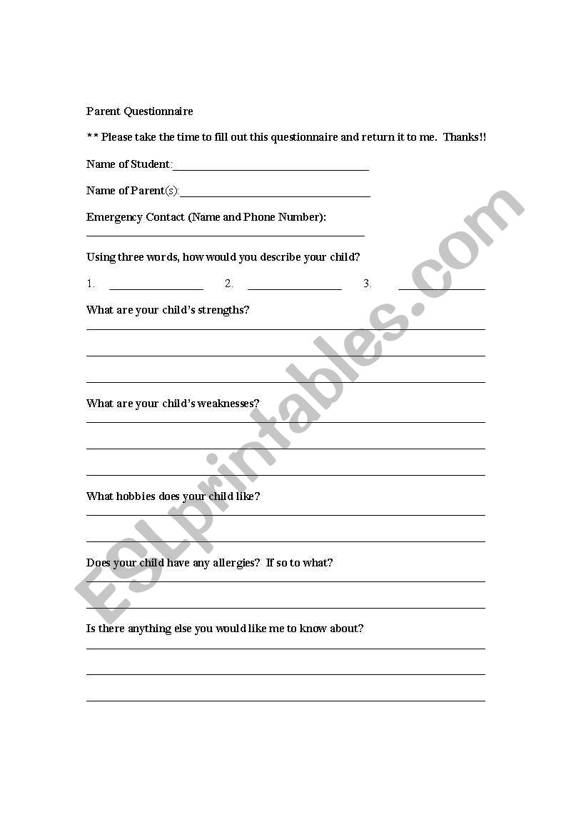 Parent Questionaire worksheet