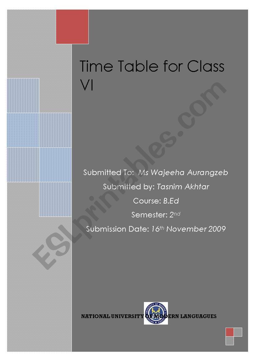 Time Table worksheet