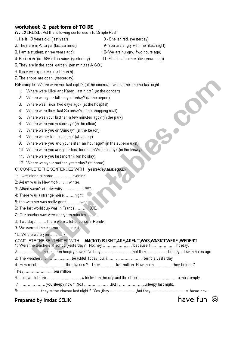 past form of verb To BE  worksheet