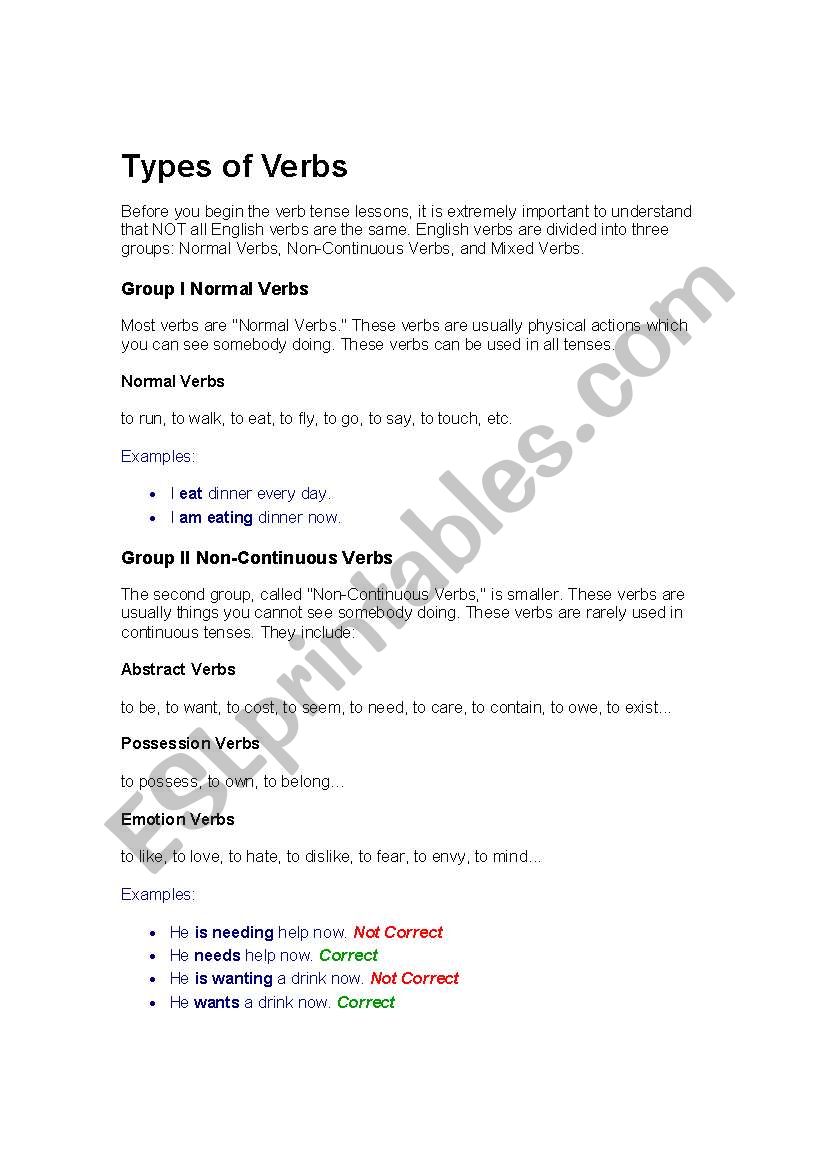 Types of Verb worksheet