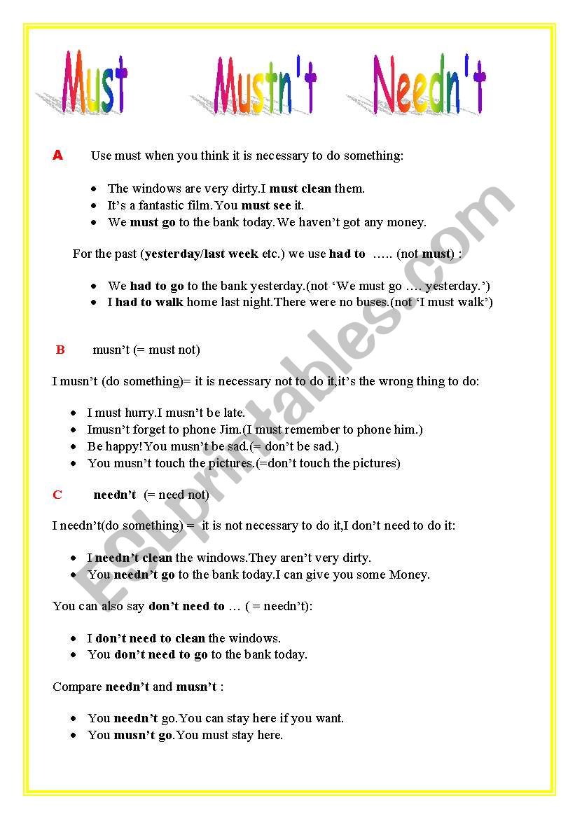 Must Musn T Needn T Esl Worksheet By Superisi84