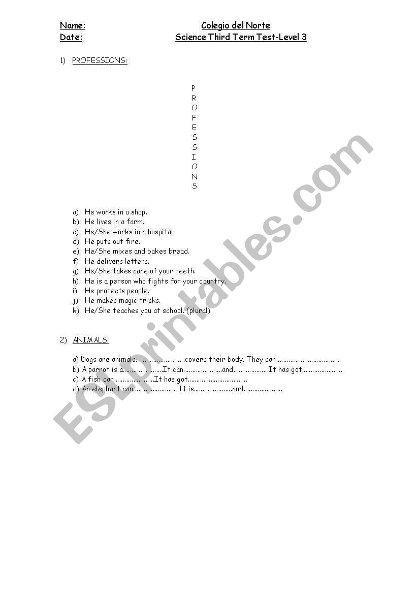 Science test worksheet