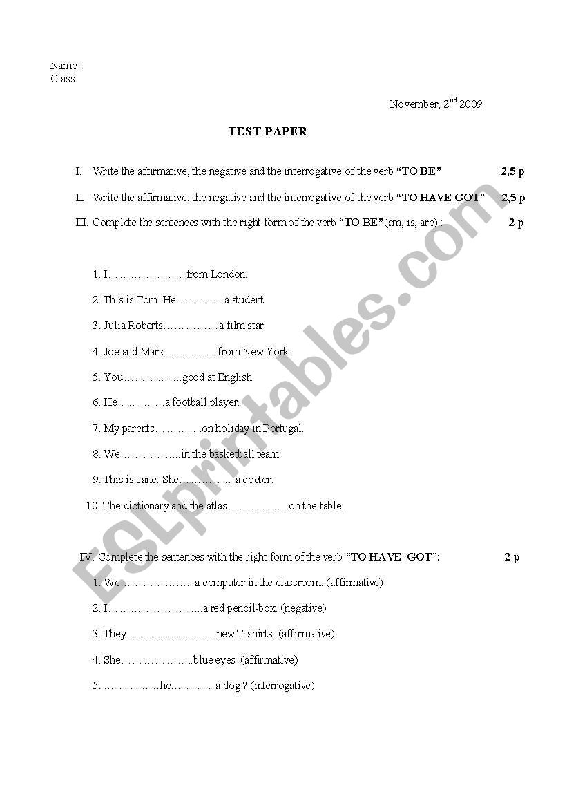 Test TO BE and TO HAVE worksheet