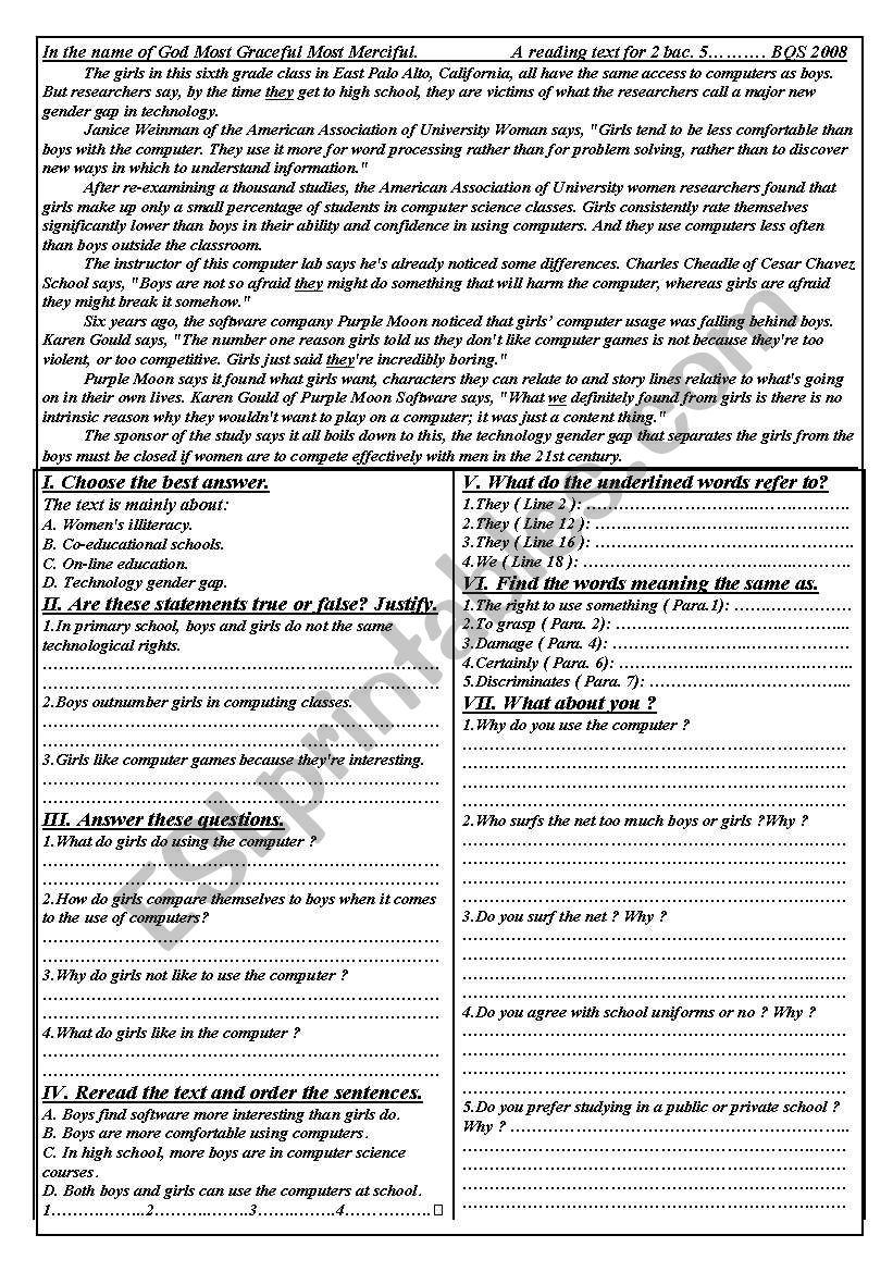 The education of girls worksheet