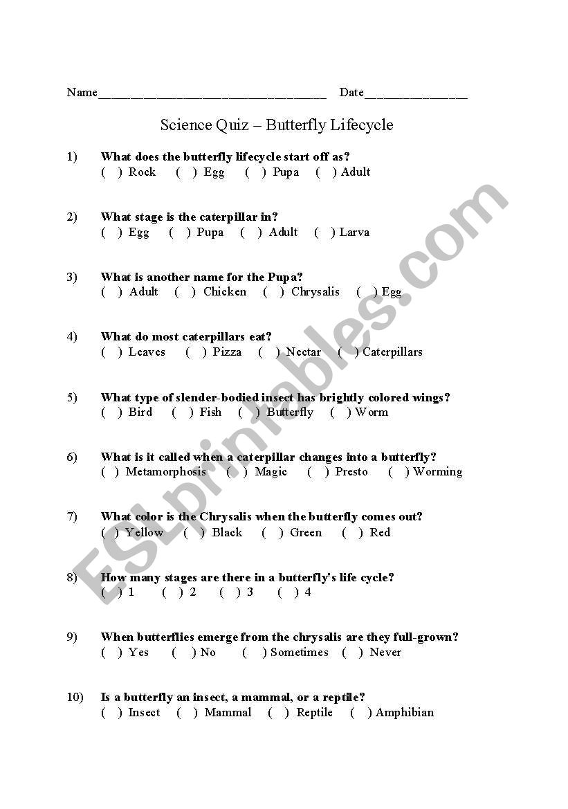 1 free grade printable reading books worksheets:  English  Grade Butterfly Quiz Second