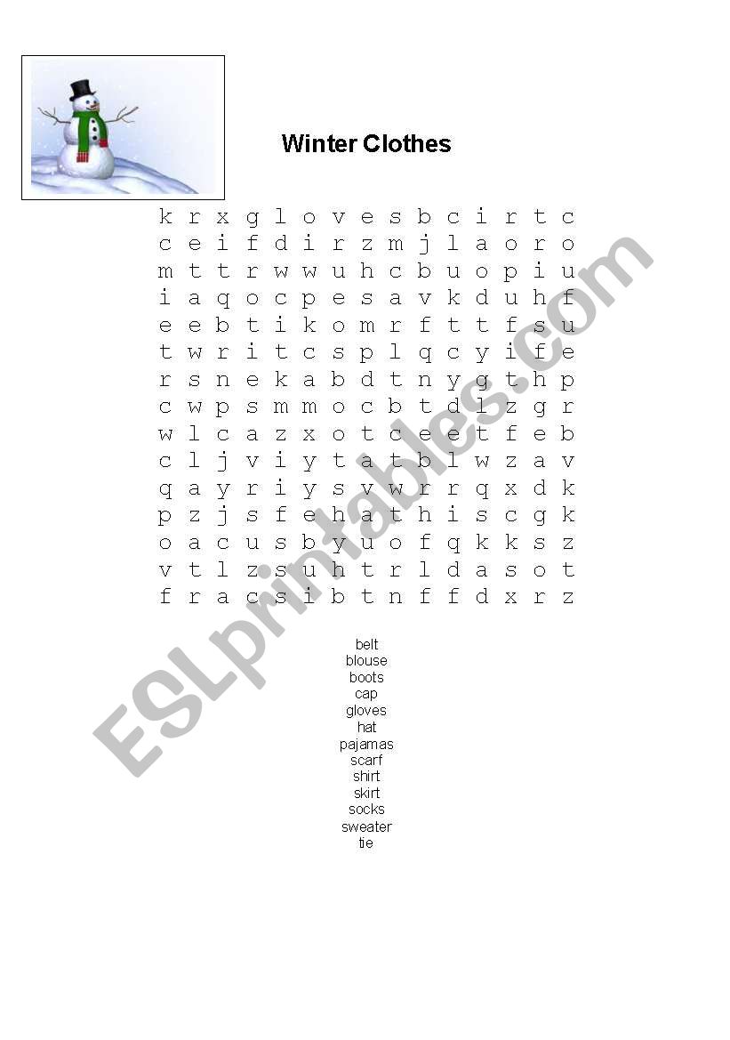 Winter Clothing Word search worksheet