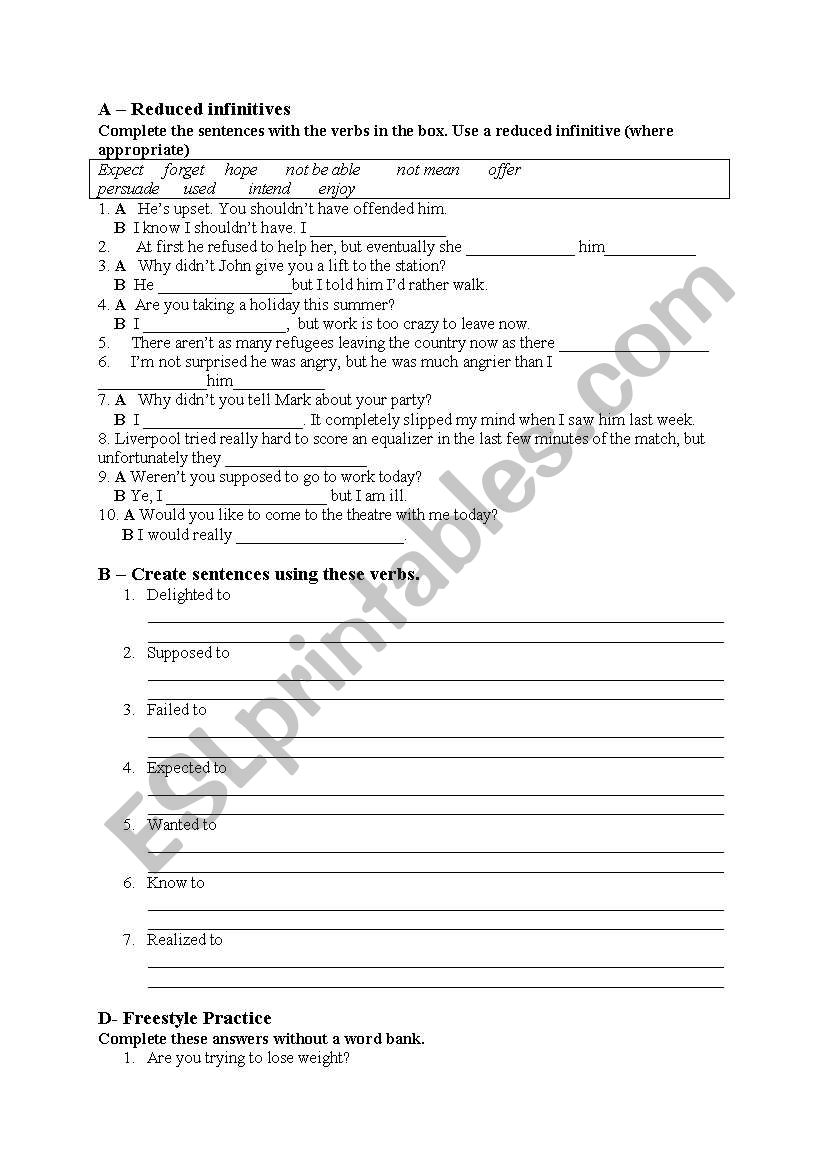 Reduced Infinitives worksheet