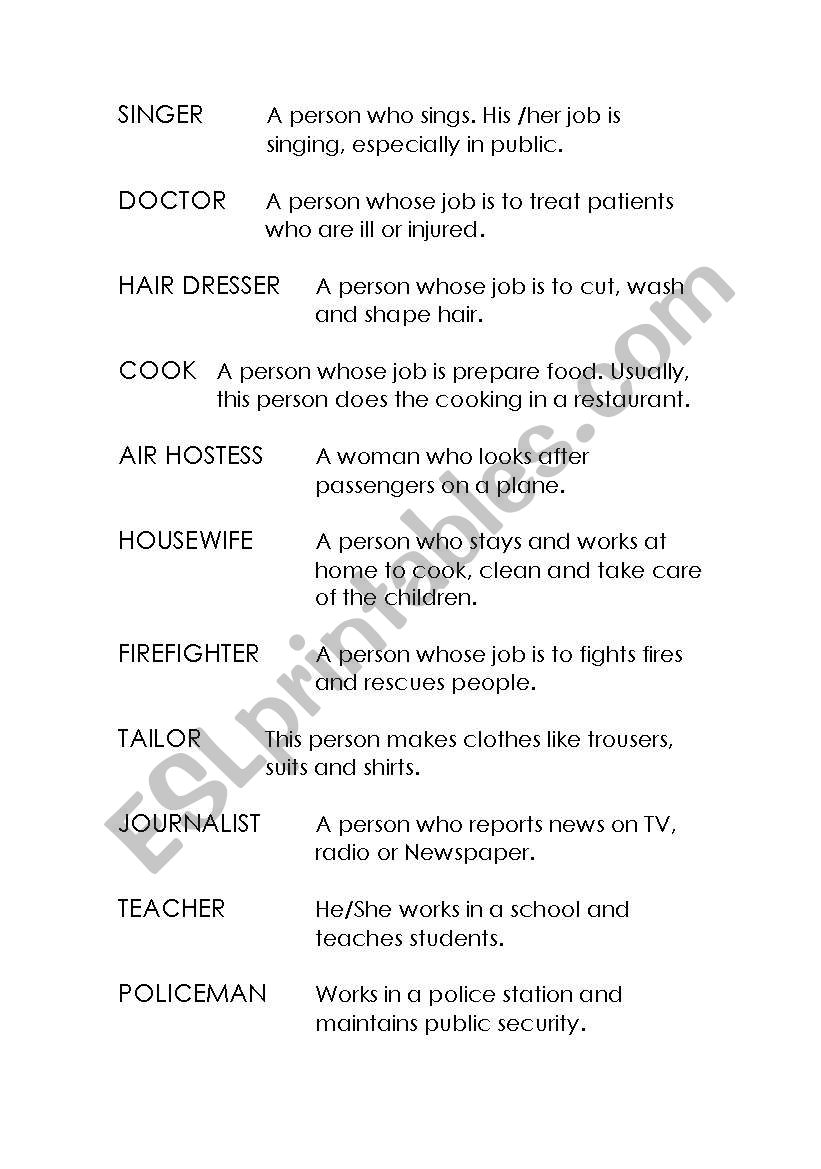 Definitions about different jobs