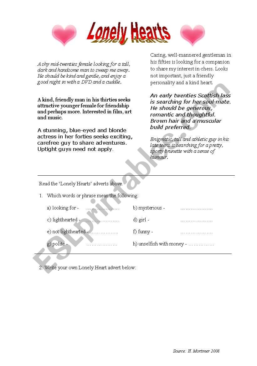 Lonely Hearts worksheet