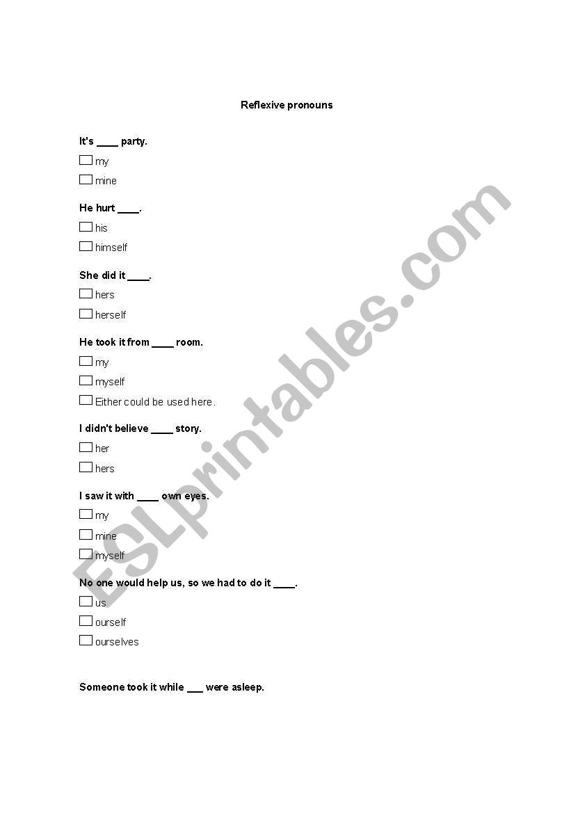 reflexive pronouns worksheet