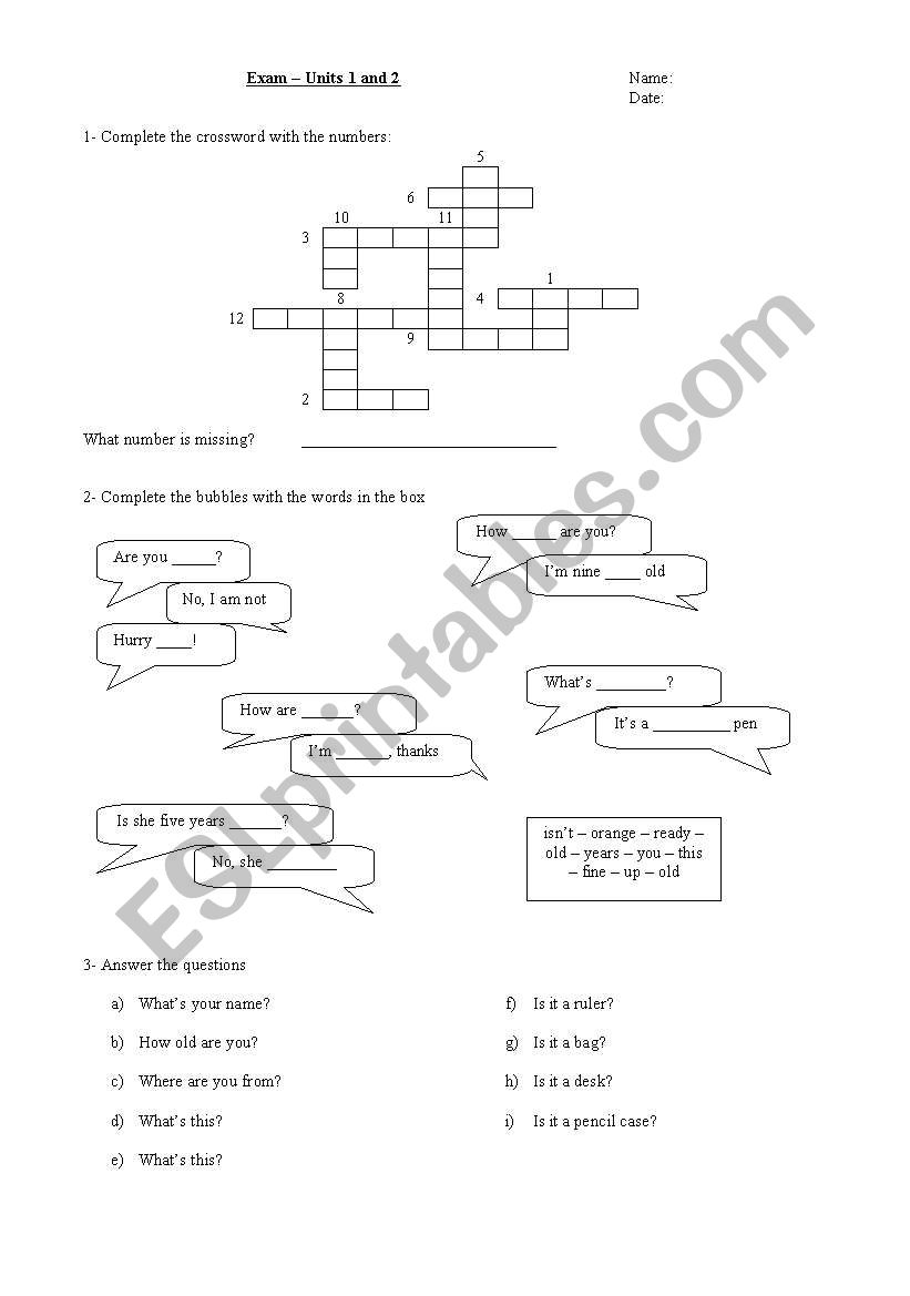 Test for first grade worksheet