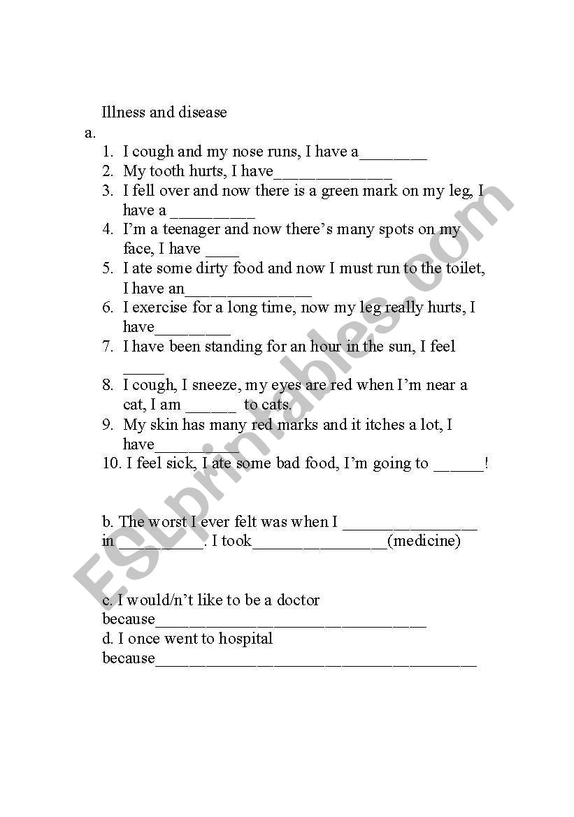 Illnesses and disease worksheet