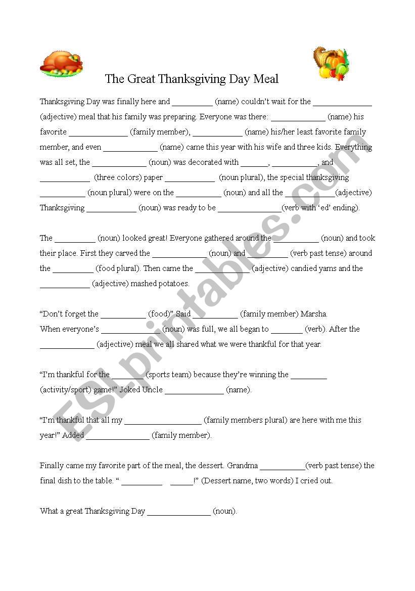 Thanksgiving Day Meal Madlib worksheet