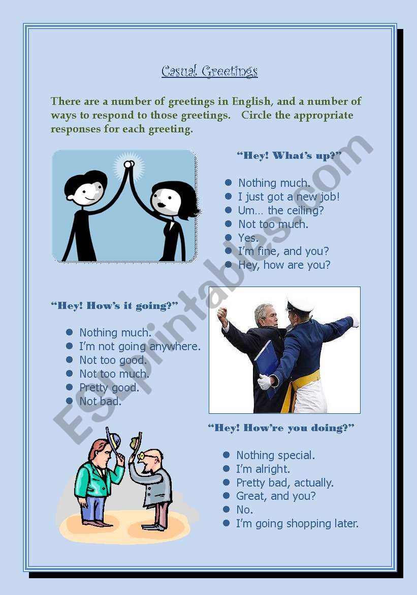 Casual Greetings Proper Responses ESL Worksheet By BillSmithinKorea