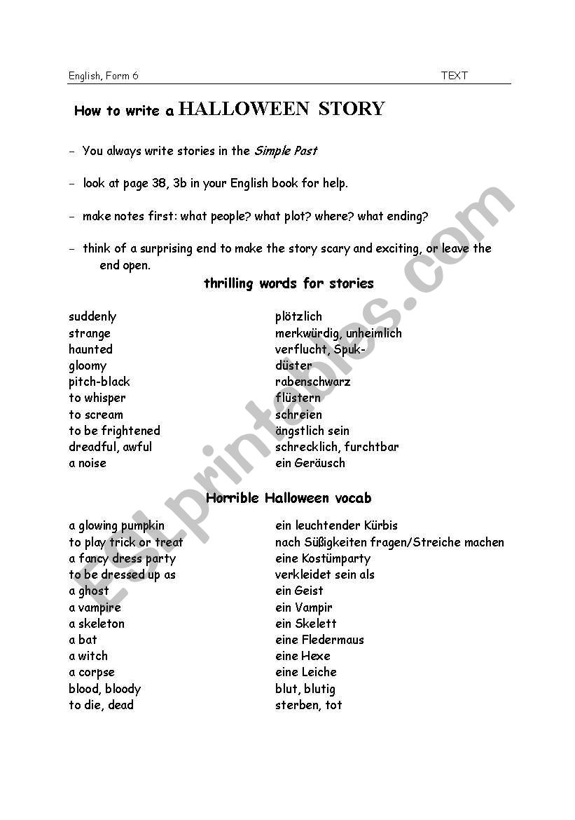 English Worksheets How To Write A Halloween Story