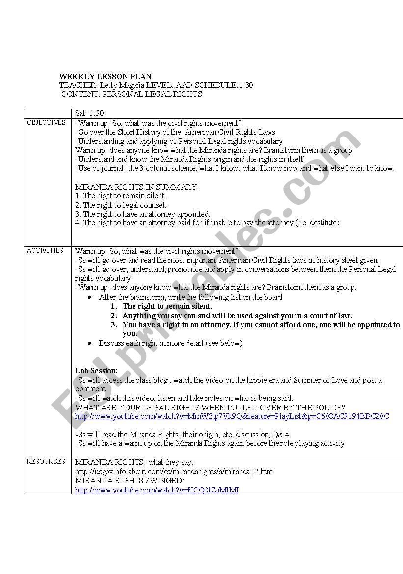  Personal Legal Rights worksheet