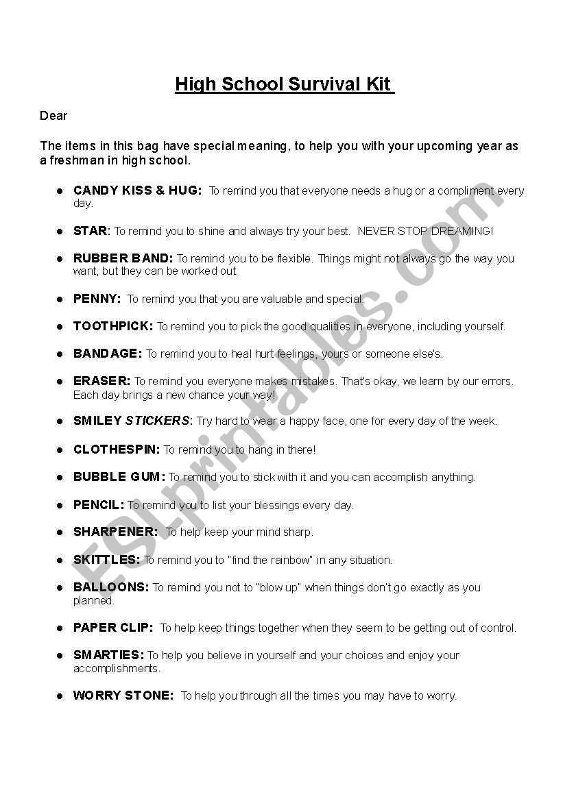 High School Survival Kit  worksheet