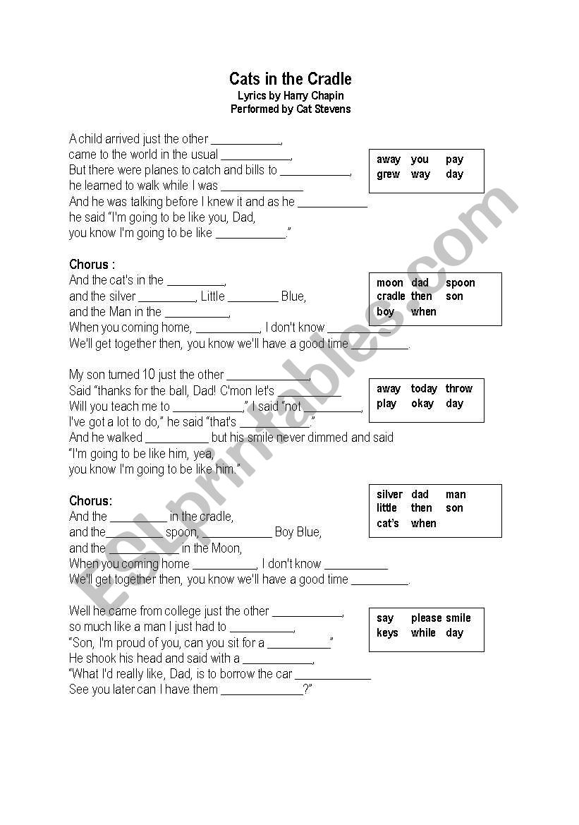 Cats in the Cradle worksheet