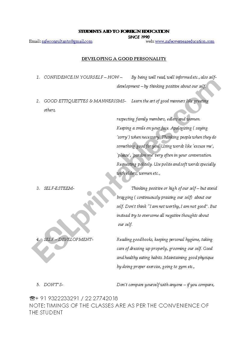 PERSONALITY DEVELOPMENT worksheet