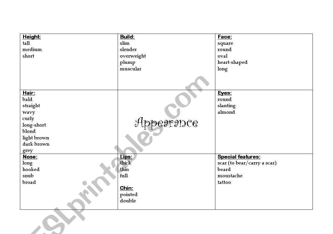 Appearance vocabulary worksheet