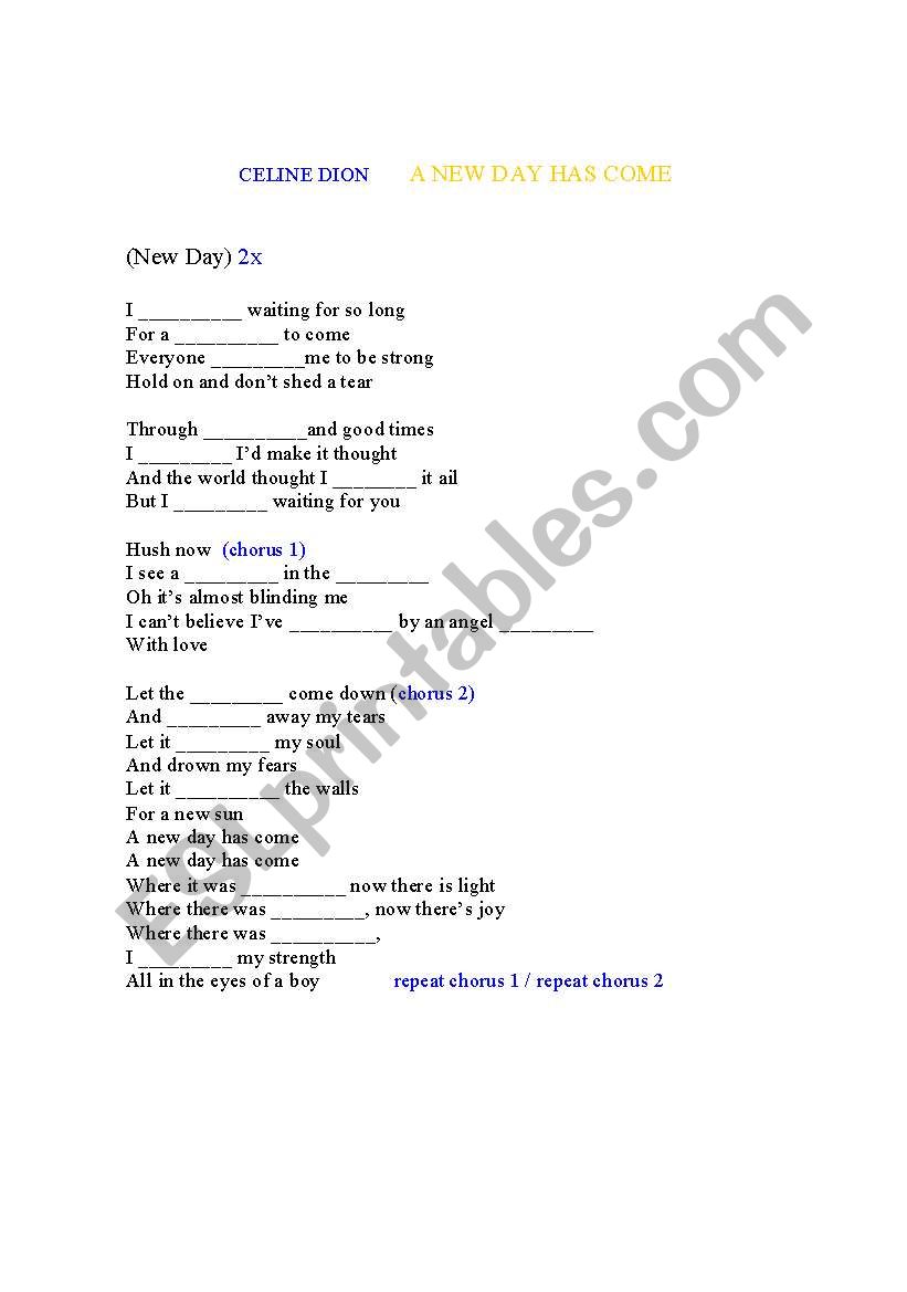 A new day has come worksheet