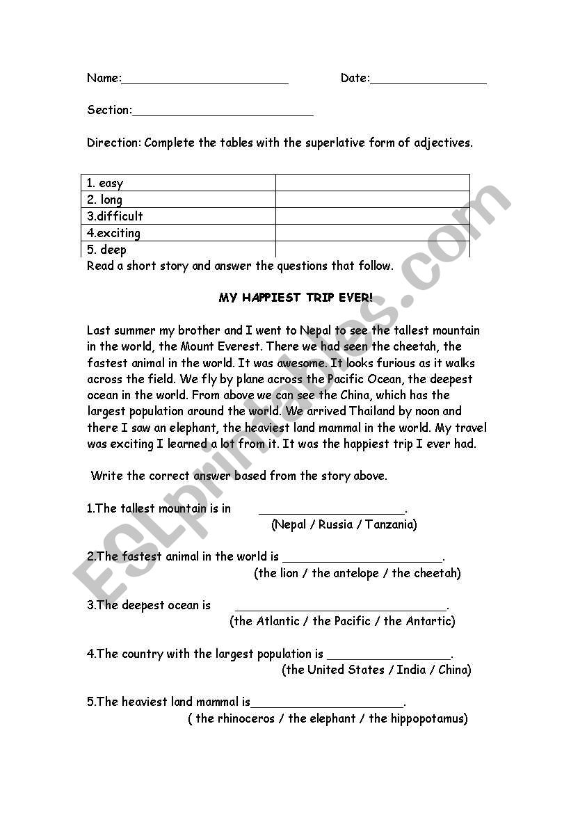 SUPERLATIVES (ADJECTIVES) worksheet