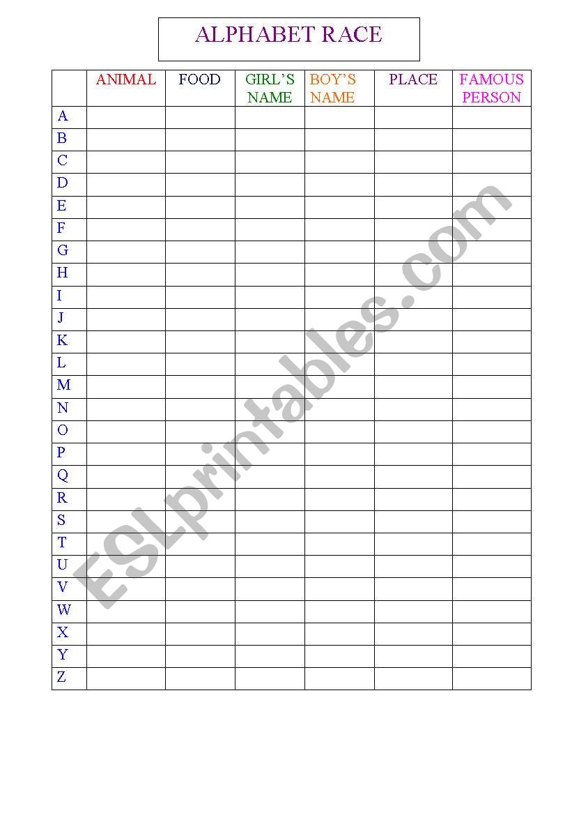 Alphabet Race worksheet