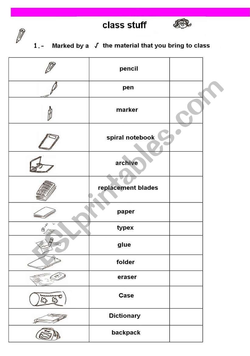 class stuff worksheet