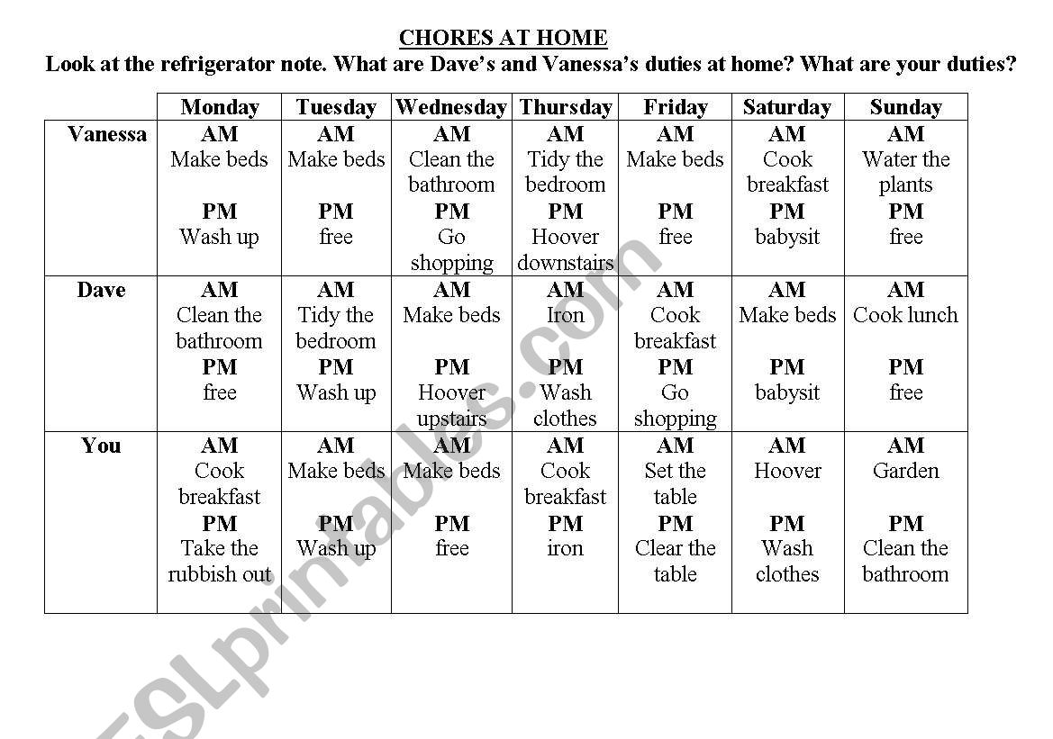 Chores at home worksheet