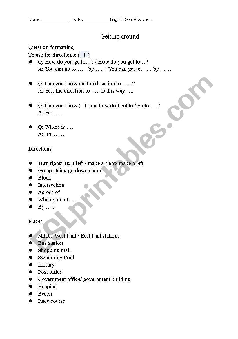 Asking for directions worksheet