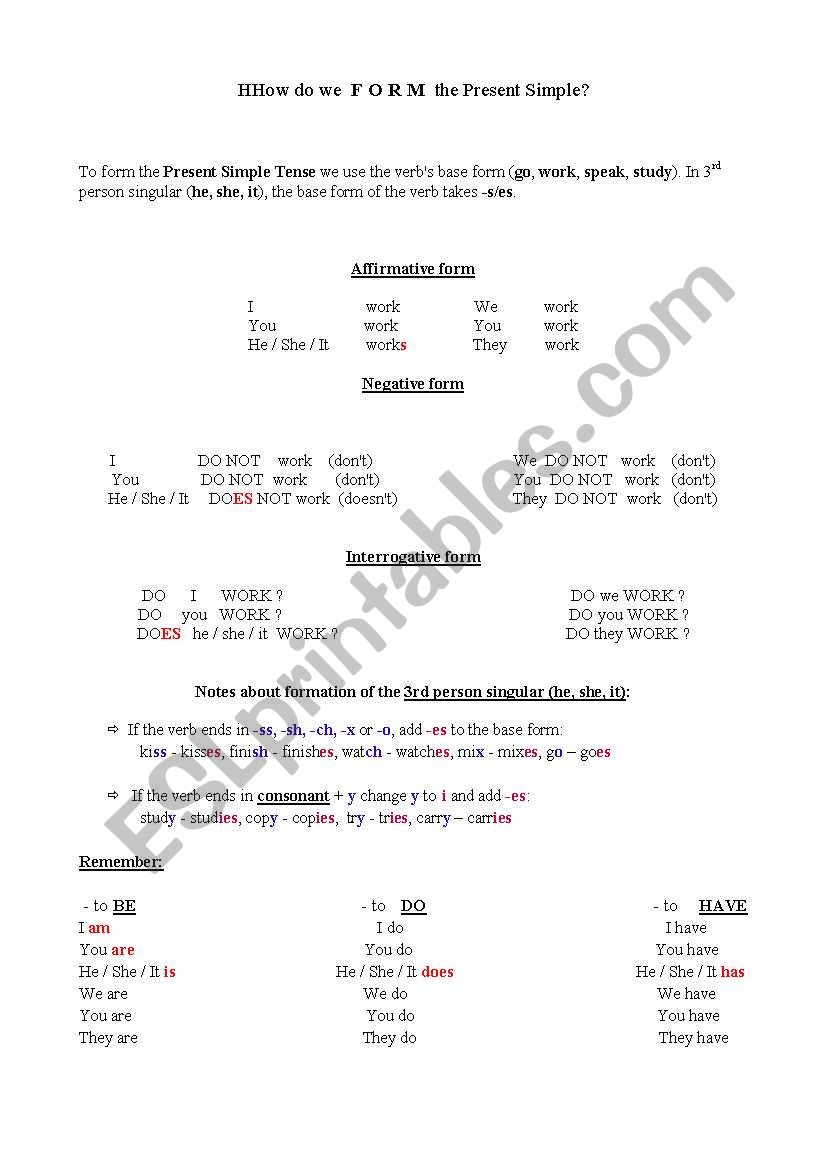 present simple - use and form worksheet