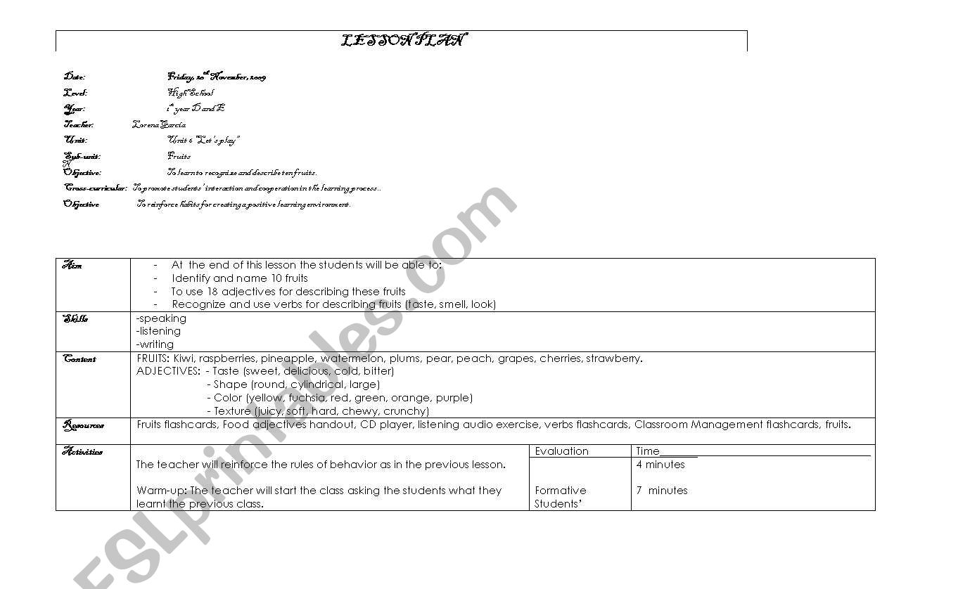 Fruits lesson plan.  worksheet