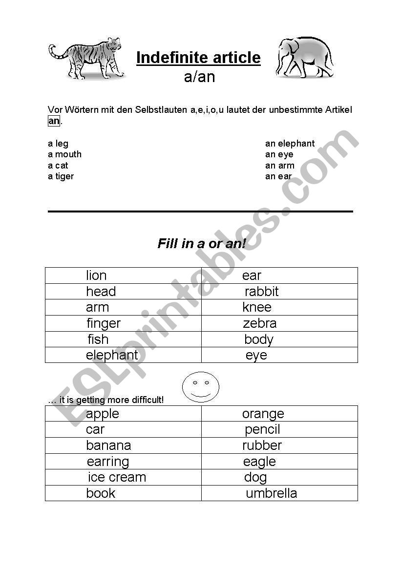 Indefinite article a/an worksheet
