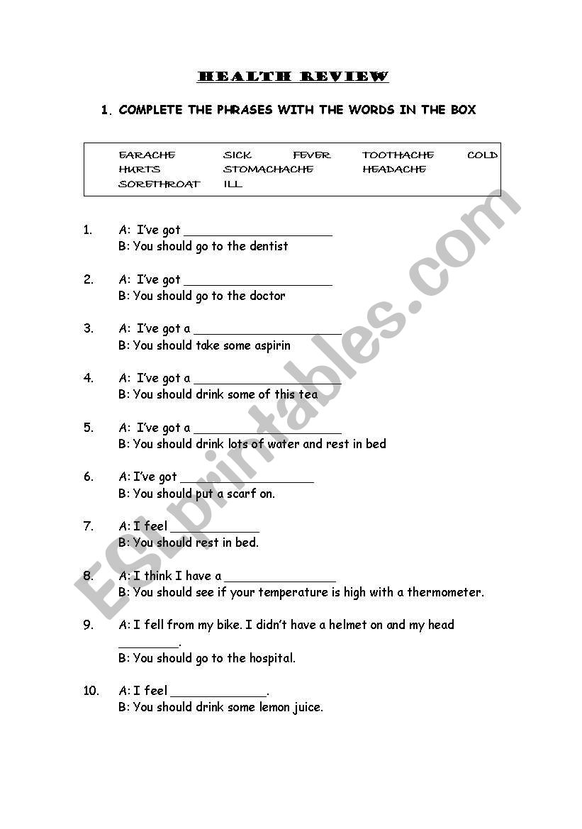 health review worksheet