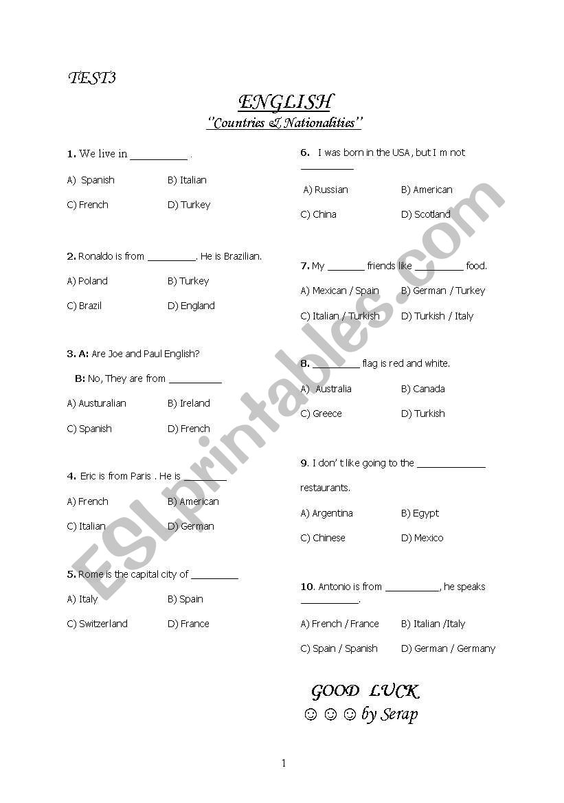 Countries & Nationalities worksheet