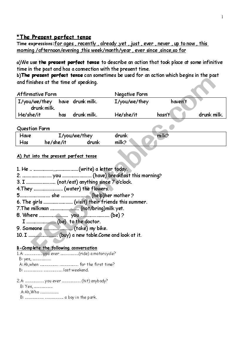 present perfect tense worksheet