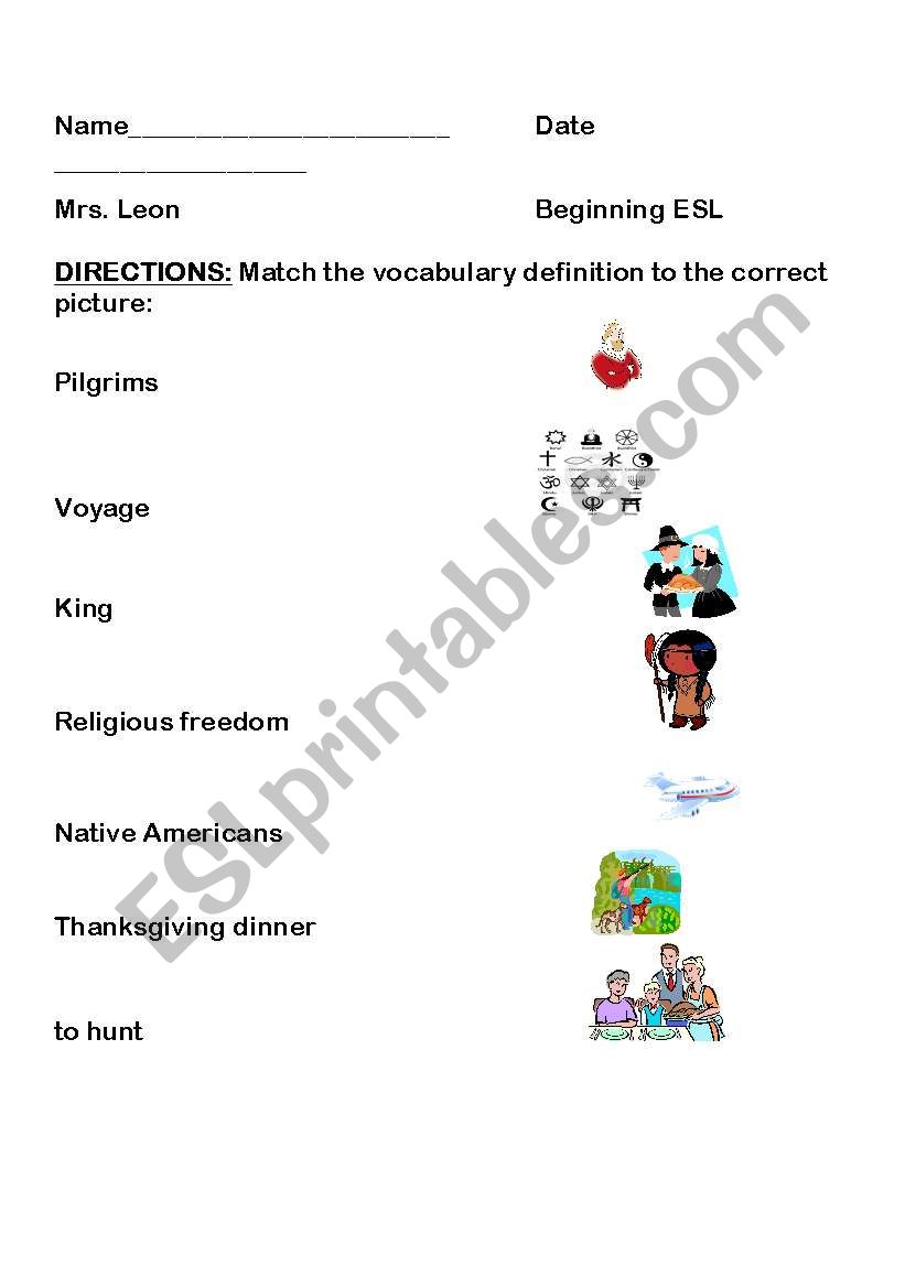 Thanksgiving Vocabulary Match Up