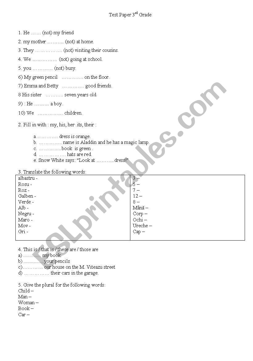 test paper 3rd grade worksheet